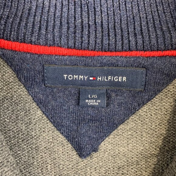 Tommy Hilfiger Men Sweater Large Gray Striped 1/4 Zip Long Sleeve Red White Blue - Picture 3 of 8